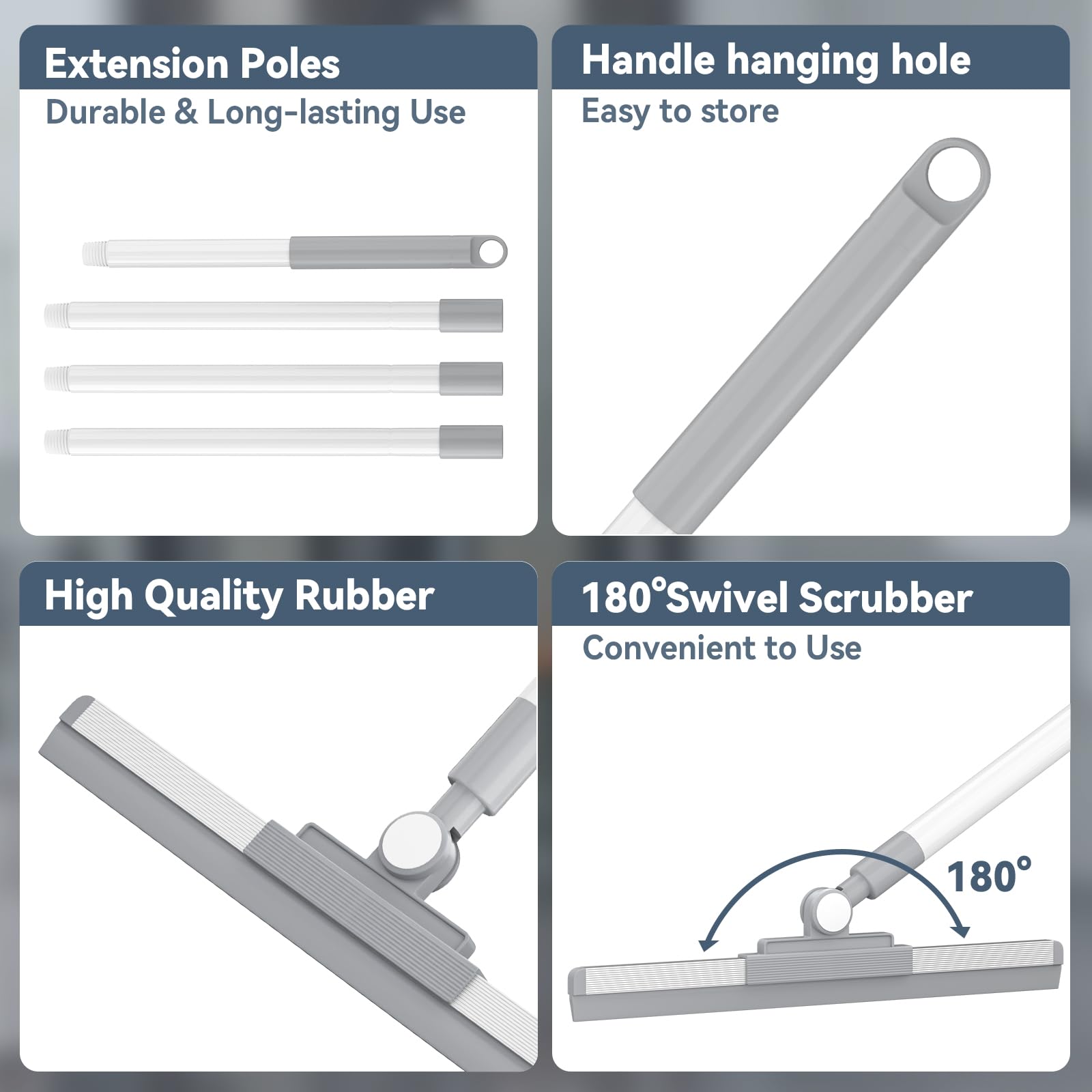 Floor Squeegee with 180° Rotating Head, Squeegee for Floor with 52'' Long Handle, Squeegee Broom