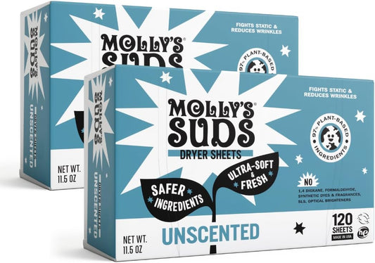 Molly's Suds Fabric Softener Dryer Sheets for Sensitive Skin | Plant-Based Static Reducer, Plastic-Free Packaging | Bundle of 2, Unscented (240 Sheets Total)