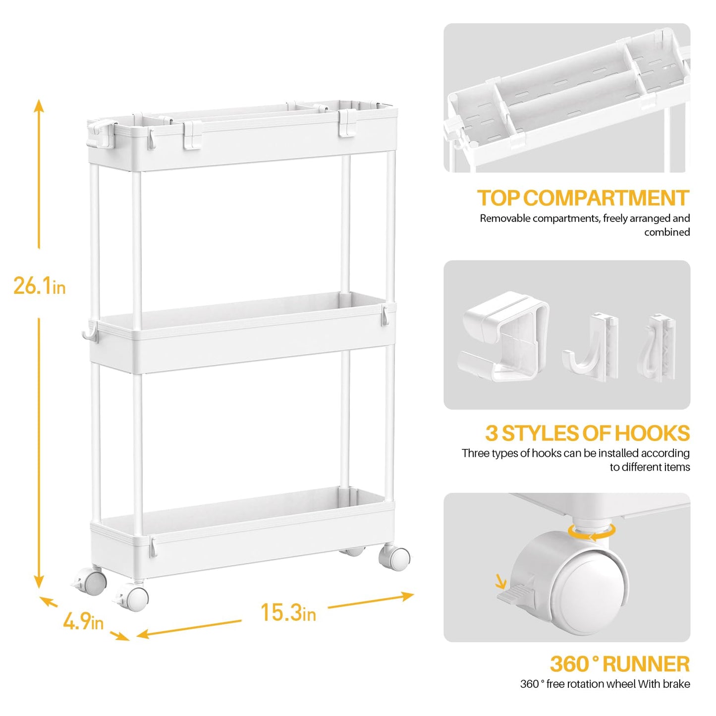 SPACELEAD Slim Storage Cart 3 Tier,Bathroom Organizer Rolling Utility, Mobile Shelving Unit Slide