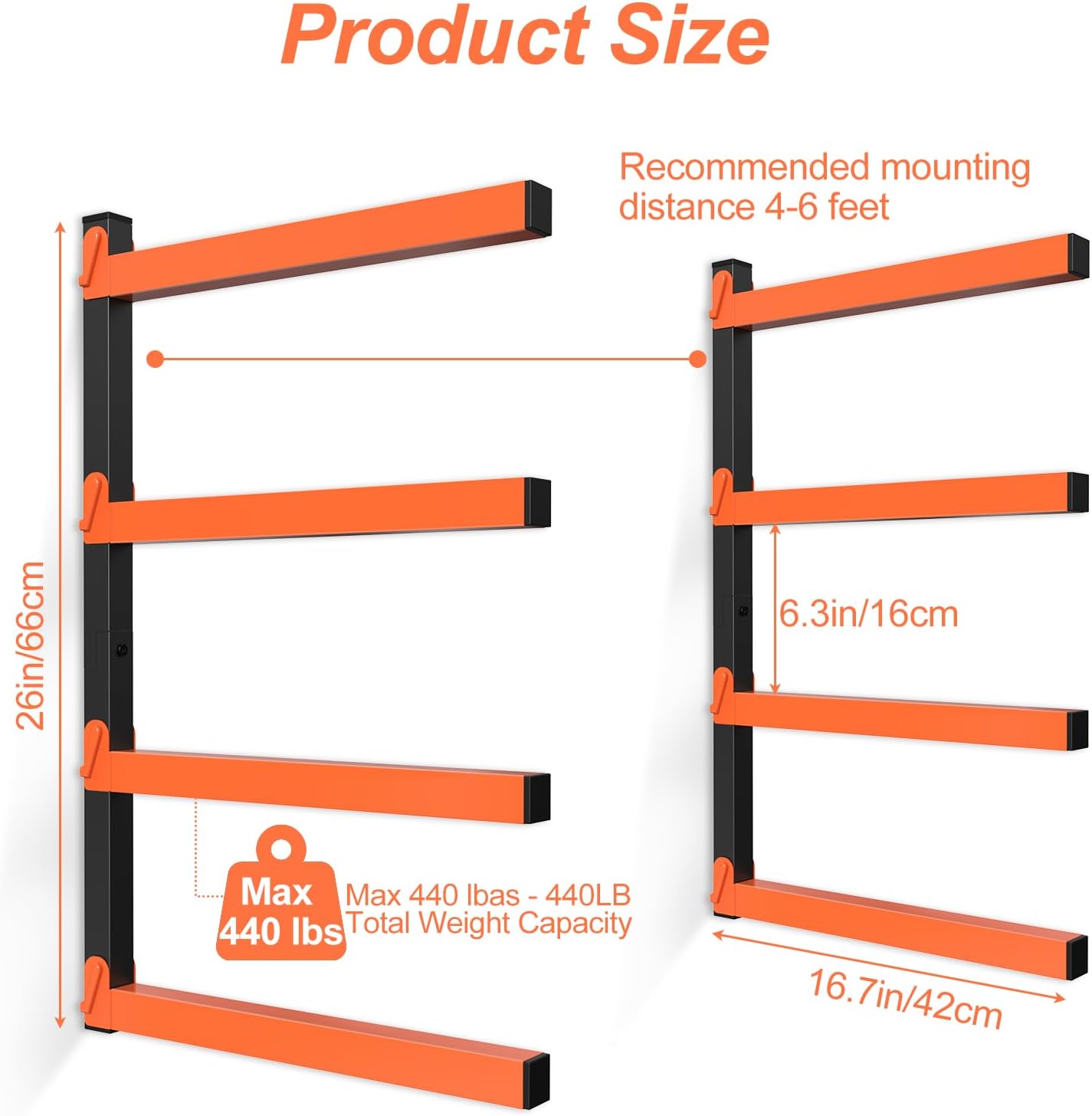 NANANARDOSO Wall Mount Wood Organizer and Lumber Storage,Heavy Duty Metal Shelf with 4-Level,Lumber Metal Racks for Indoor and Outdoor Use,4 Pack