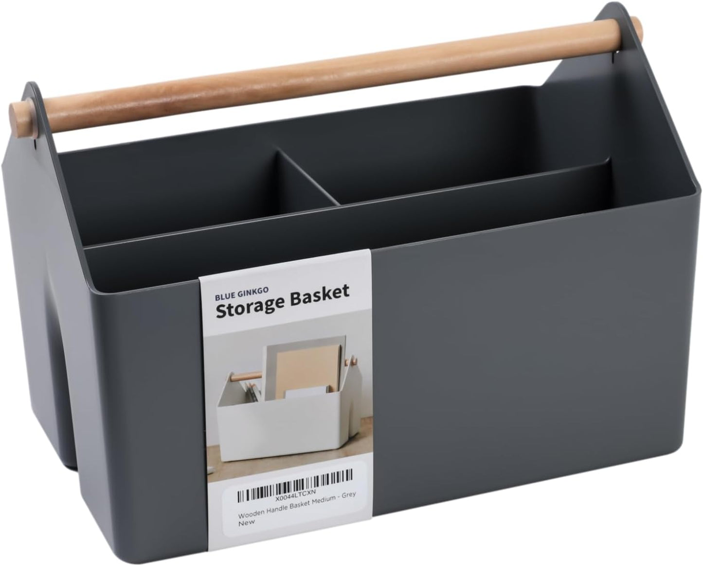 BLUE GINKGO Medium Storage Basket – Plastic Caddy with Wooden Handle for Office, Arts & Crafts, or Home Supplies (Gray)