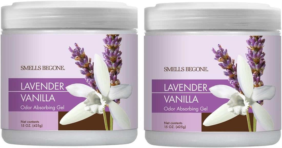 SMELLS BEGONE Air Freshener Odor Absorber Gel - 15 oz, Pack of 2 - Absorbs and Eliminates Odor in Pet Areas, Bathrooms, Cars, & Boats - Made with Essential Oils - Lavender Vanilla Scent