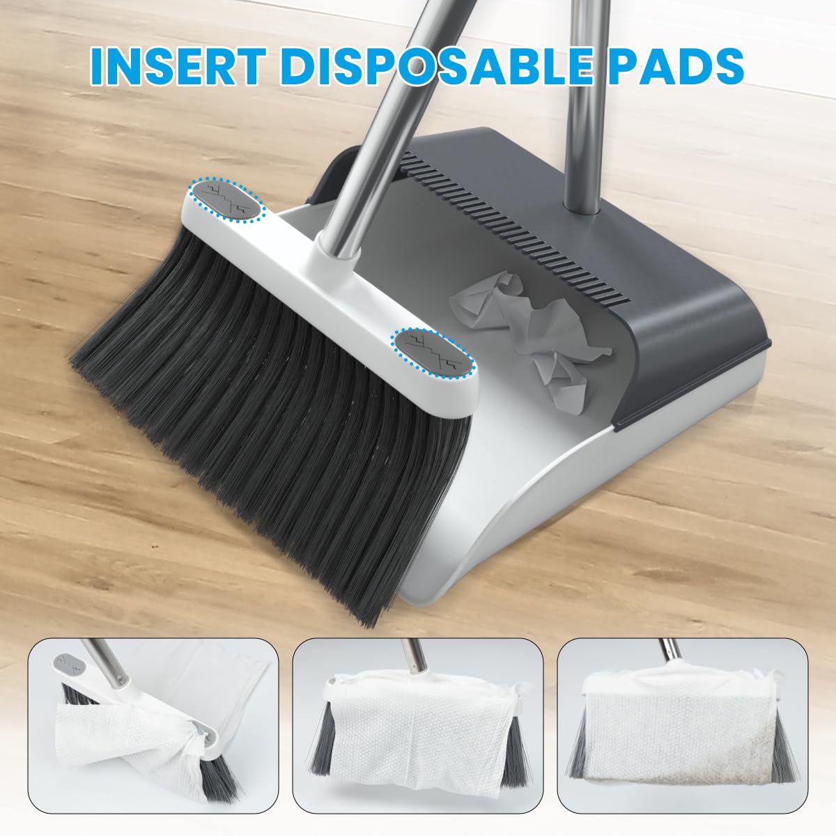 Stand Up Dustpan and Broom Set 50” Long Handle Broom with Dust Pan, 20° Angled for Ergonomic Home