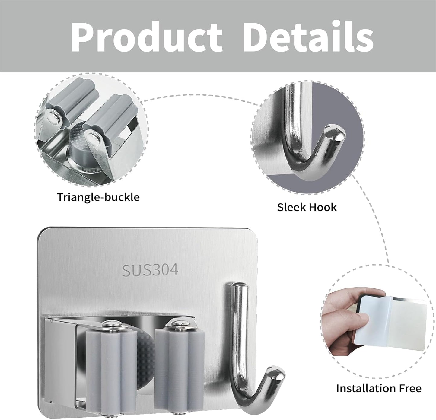 5 Pack Mop and Broom Holder Wall Mount, Silver Stainless Steel Mop and Broom Hanger with Hooks, Mop Broom Organizer for Closet Laundry Garage Garden Tool Organizer