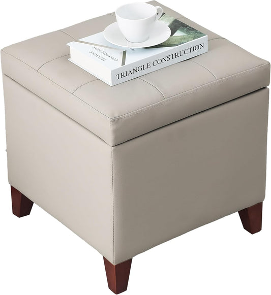 Adeco 18" PU Storage Ottoman, Upholstered Square Faux Leather Foot Rest - Flip Top Footstool with