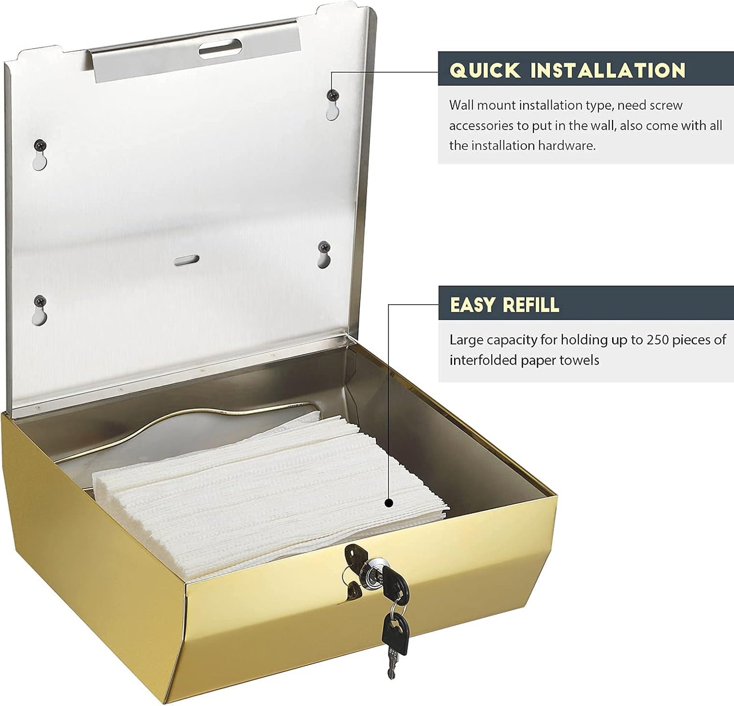 Wall Mounted Stainless Steel Paper Towel Dispenser with Lock, Polished Mirror Finish, Fits C-Fold, Tri-Fold and Multi-Fold Hand Towels, Commercial Restroom & Bathroom Use