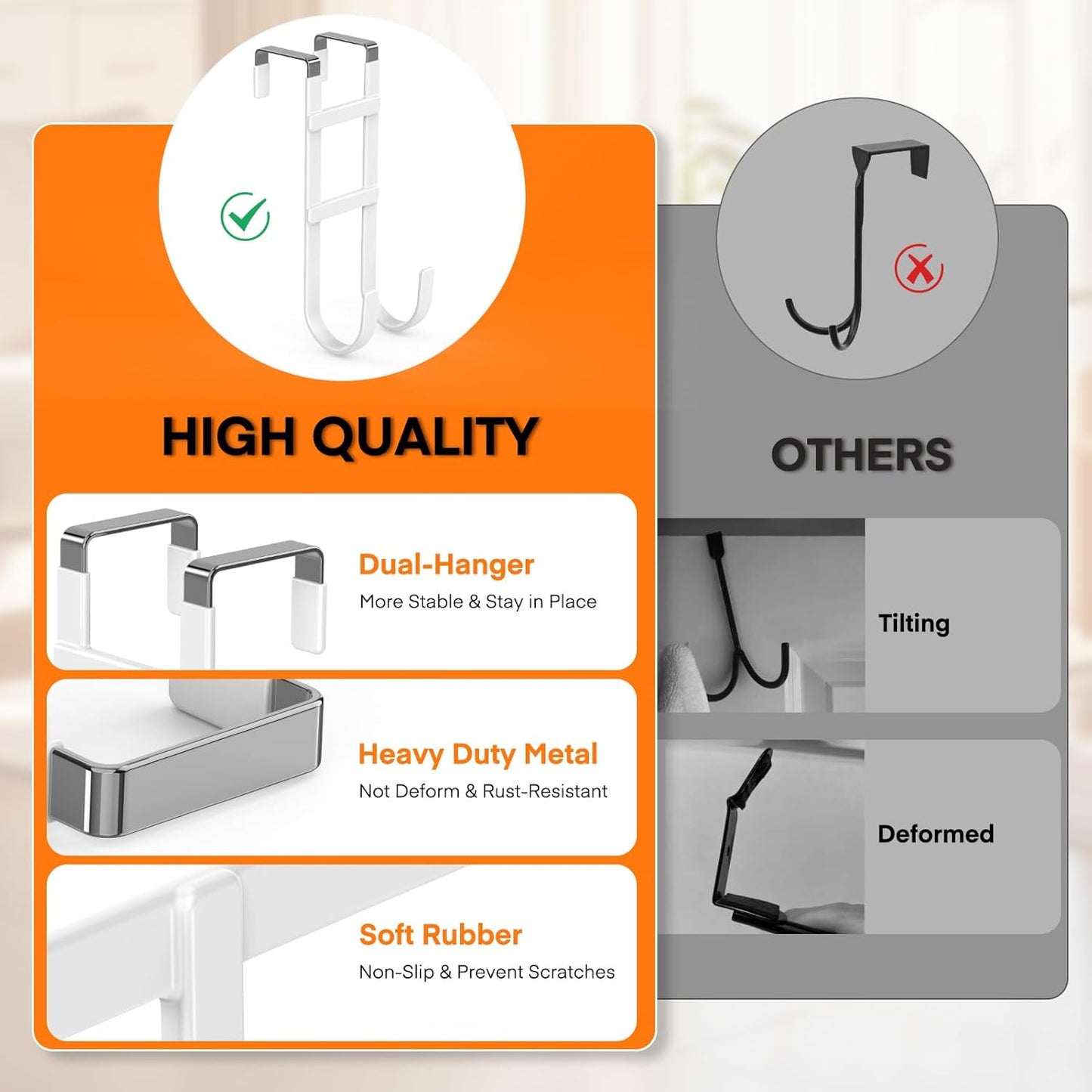 FYY Over The Door Hooks - 2 Pack Heavy Duty Dual-Hook Organizer Hanger with Non-Slip Rubber for Towels, Clothes, Hats & Bags Use in Bathroom, Bedroom, Kitchen - Fits Interior Doors Up to 1.6" White