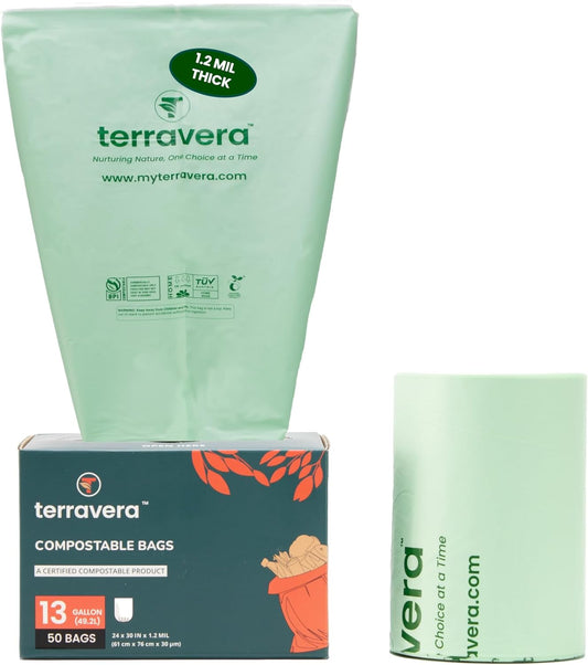 Compostable Trash Bags Bin Liners | BPI & OK Home Certified ASTM D6400 Standards | Heavy Duty Kitchen & Yard Waste Bags (13 Gallon Flat Top, 50 Count)