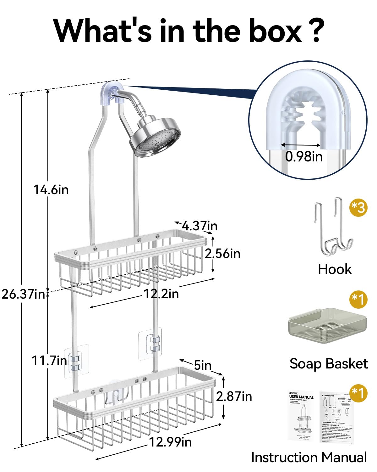 YASONIC Never Rust Shower Caddy Hanging, Aluminum Shower Racks for Inside Shower, 2-Tier Shower