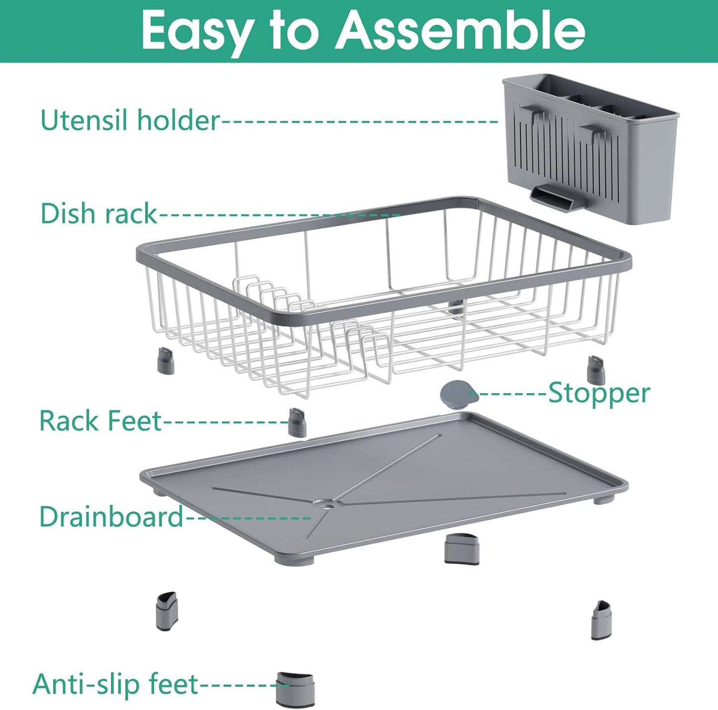 Dish Drying Rack - Space-Saving Dish Rack,Dish Racks for Kitchen Counter with Drainboard, Rustproof Dish Drainer with a Removable 4-Compartment Utensil Holder,Gray