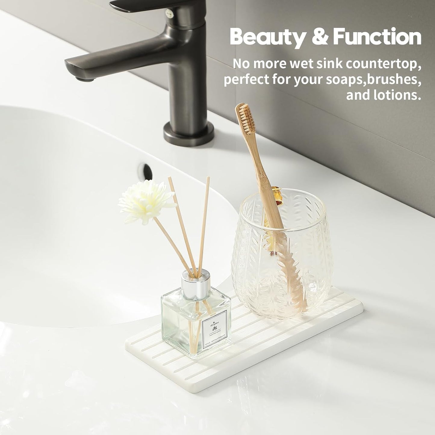 2PCS Water Absorbing Stone Drying Tray Mat For Bathroom Sink & Kitchen Counter Faucet Organizer Decor, Quick Dry Dish Soap Dispenser Sponge Holder, Vanity Sink Caddy Bar Coaster,White-8"*3.8"