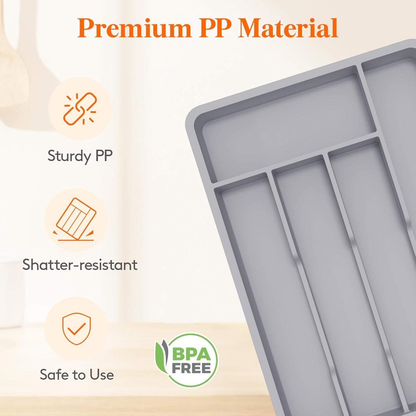 Lifewit Silverware Tray, Deep Wide Cutlery Drawer Organizer Storage for Kitchen, Plastic Flatware Utensil Holder Divider for Spoons Forks Knives Tableware, 5 Compartment, Gray