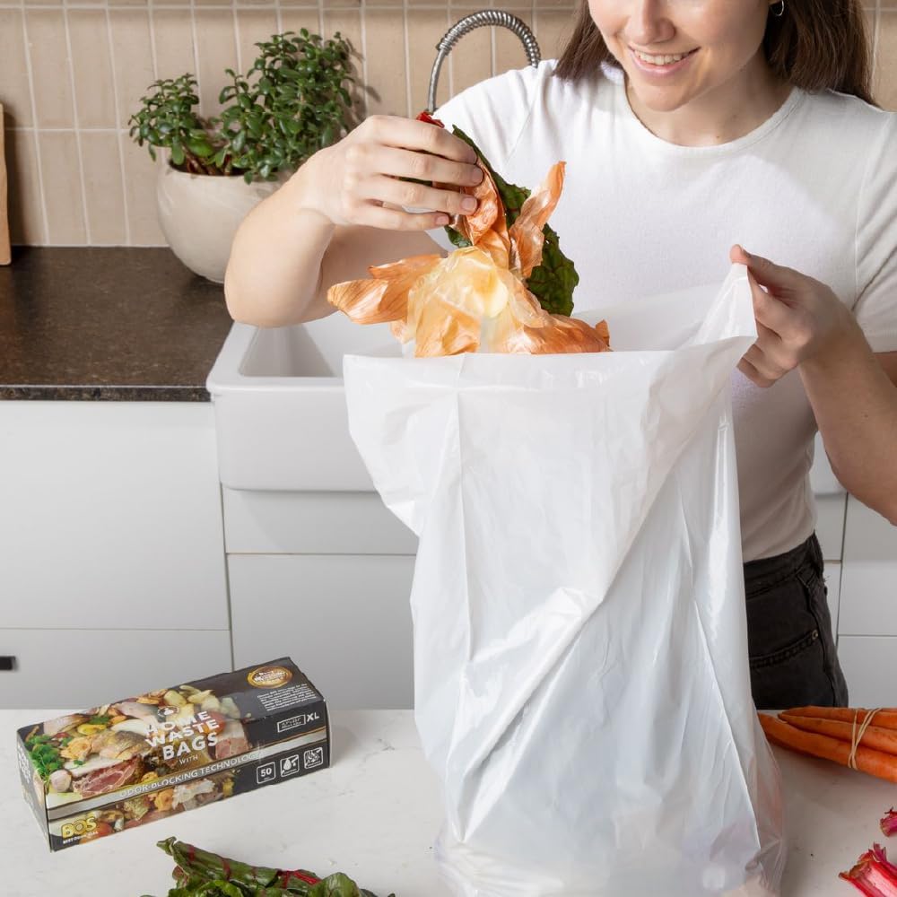 BOS Odor-Sealing Kitchen, Home & Food Small Trash Bags for Waste- Disposable Bags - Scent & Smell Free [Size XL, Color White] (90 count, Pack of 2) (100 Bags)