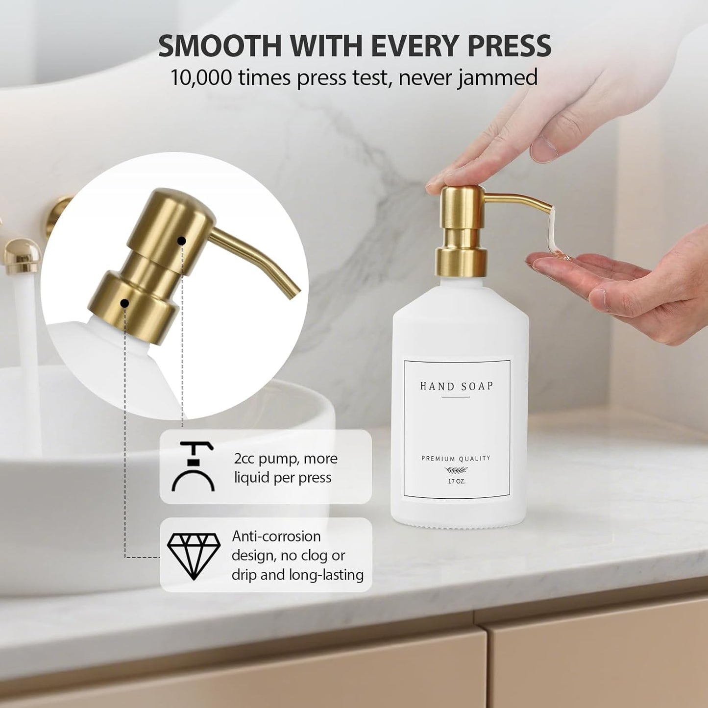 Gold Soap Dispenser Set, Glass Hand and Dish Soap Dispenser Set with Tray,Stainless Pump,14 Stickers for Kitchen Sink,Bathroom Soap and Lotion Dispenser,Modern Counter Decor (White Bottle/Gold Pump)