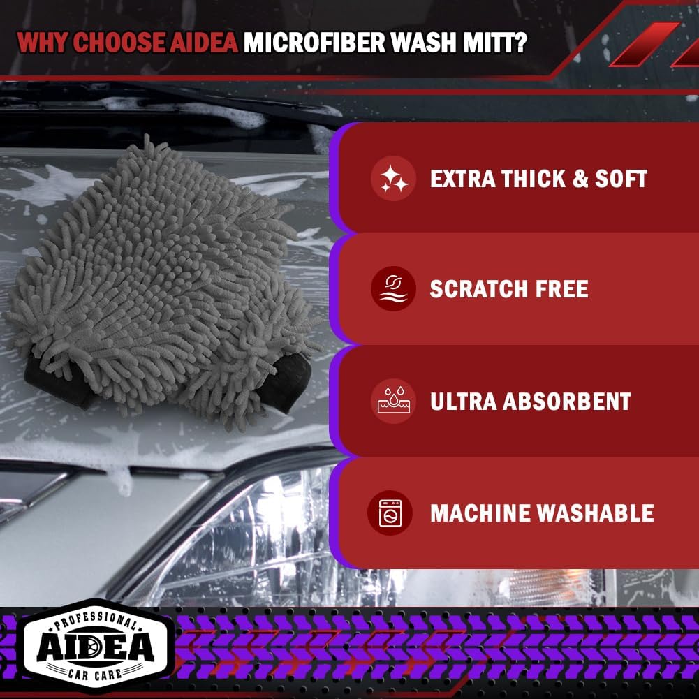 AIDEA Car Wash Mitt Microfiber-2Pack, Scratch-Free& Lint-Free, Premium Chenille Microfiber Wash Mitt-Grey Regular Size (7.12''X10.14'')