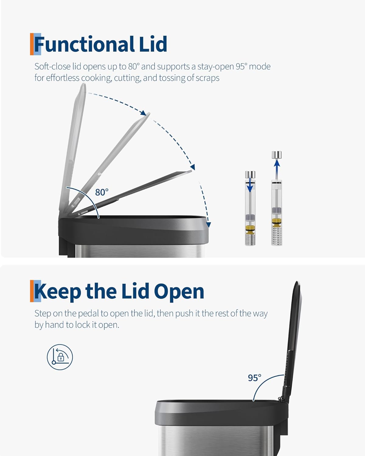 Garvee 13 Gallon / 50 L Stainless Steel Trash Can with Lid, Large Garbage Can for Kitchen, Rustproof Step-on Kitchen Metal Trash Bin with Liner Rim, Rear Handle, Soft Close Plastic Lid, Silver