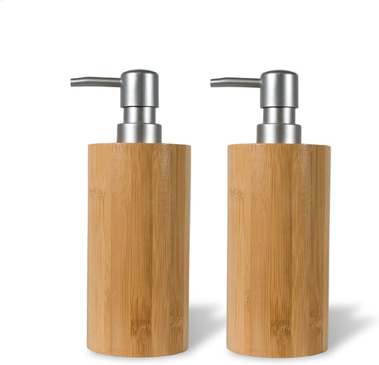2 Pack Natural Bamboo Liquid Soap Dispensers, 10 oz Refillable Bottles with Silver Plastic Pumps for Bathroom or Kitchen Countertop