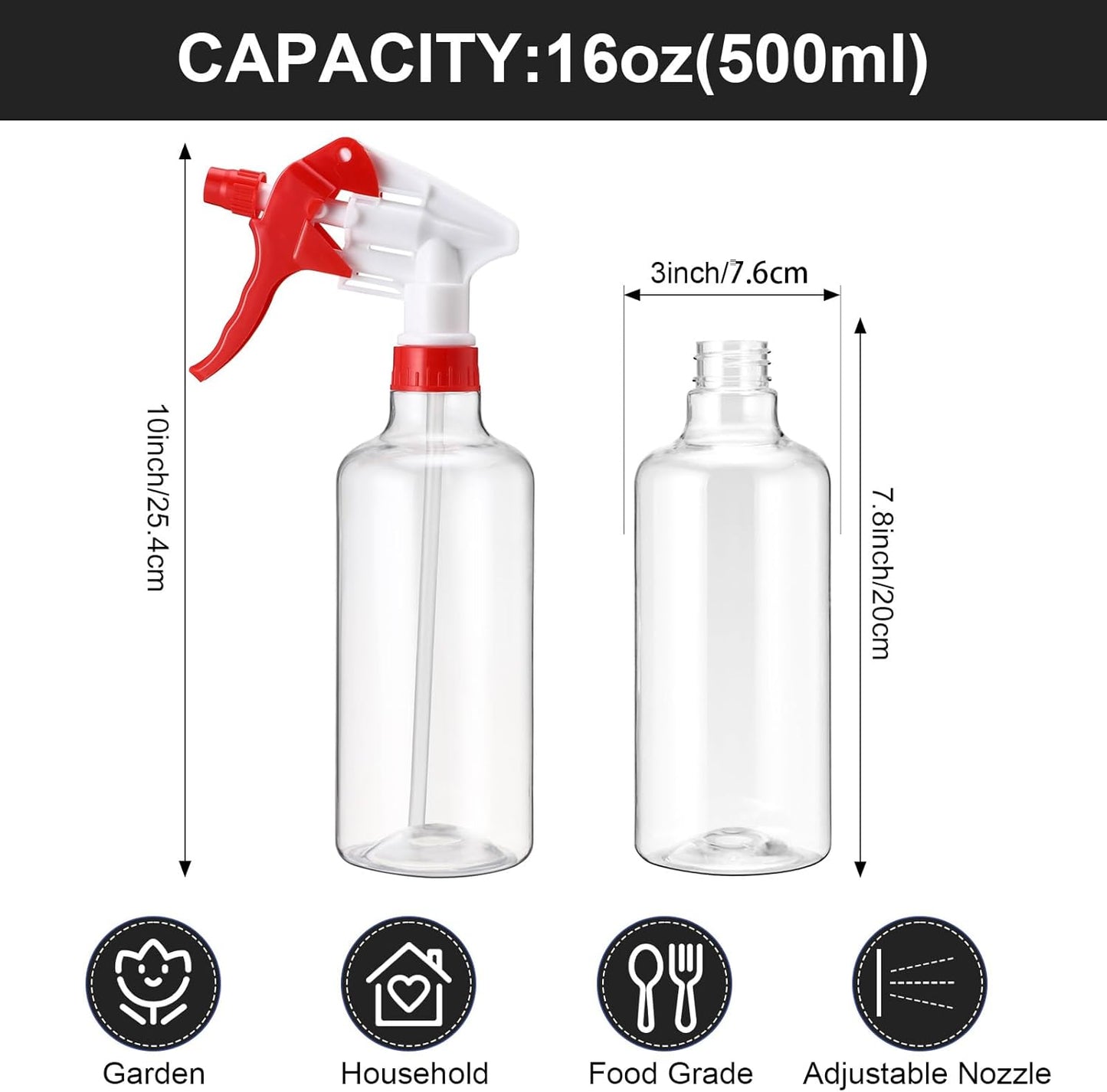 Eccliy 12 Pcs 16 Oz Plastic Spray Bottle, Adjustable Empty Reusable Sprayer for Cleaning, Planting, Water, Bathroom and Kitchen, BBQ, Commercial and Residential(Red,Clear)