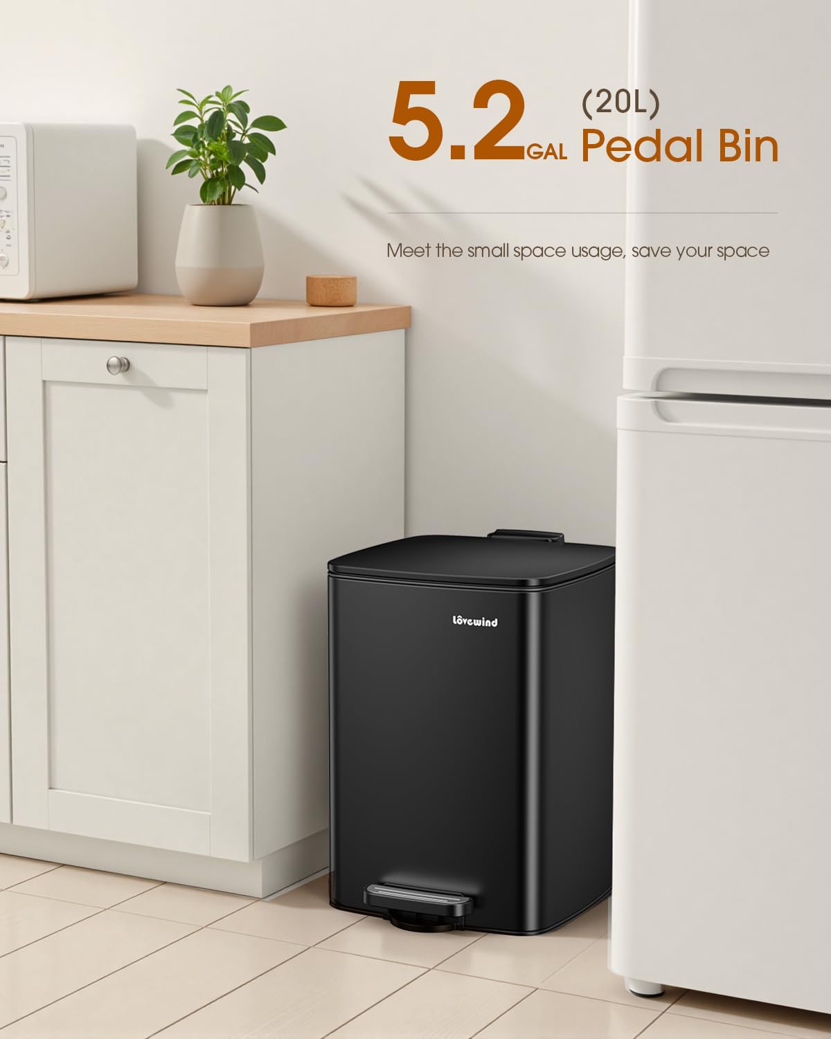 Lovewind Kitchen Trash Can with Lid, 5.2 Gallon/20 L Footstep Garbage Can for Kitchen Bedroom Home Office, 20 Liter Trash Bin Brushed Stainless Steel Waste Bin with Soft-Close Lid,Black