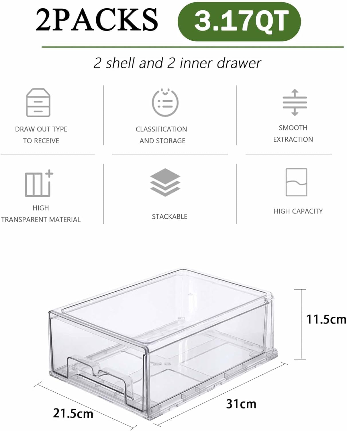 bealy 2 Pack Stackable Clear Storage Drawer,Refrigerator Organizers and Storage Drawer Pull Out Drawer for Fridge Kitchen Bathroom Cabinet Closet Office Clear