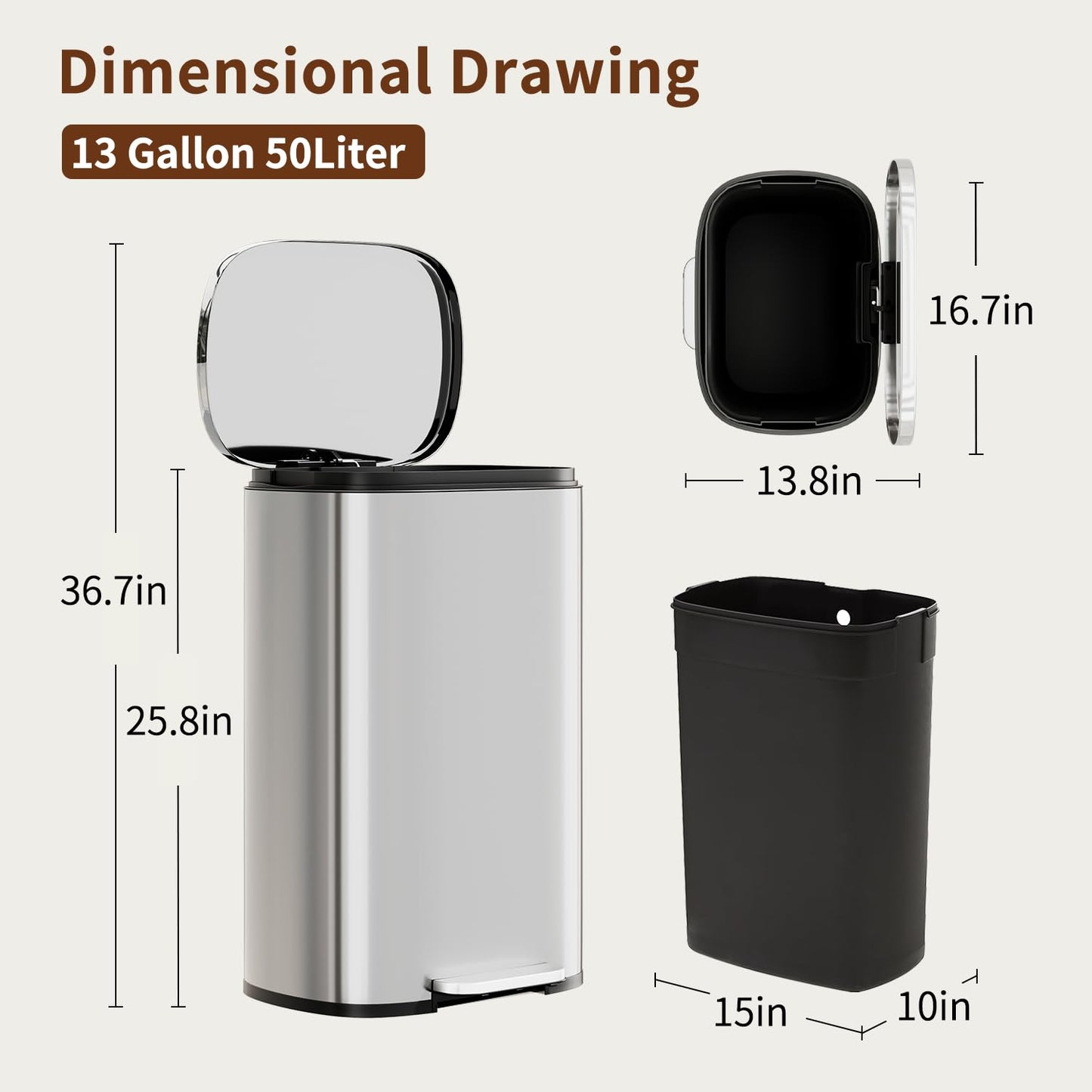 PayLessHere | 13G Trash Can with Lid | Steel | Removable Inner Bucket
