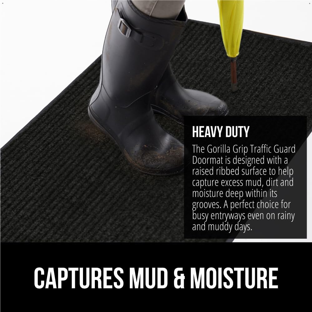 GORILLA GRIP Traffic Guard Door Mat, 72x48, Heavy Duty Welcome Mats, Commercial Office Space Doormat, Waterproof, Fade Resistant, Strong Rubber Backing, Low Profile, Shoe and Boot Scraper, Jet Black