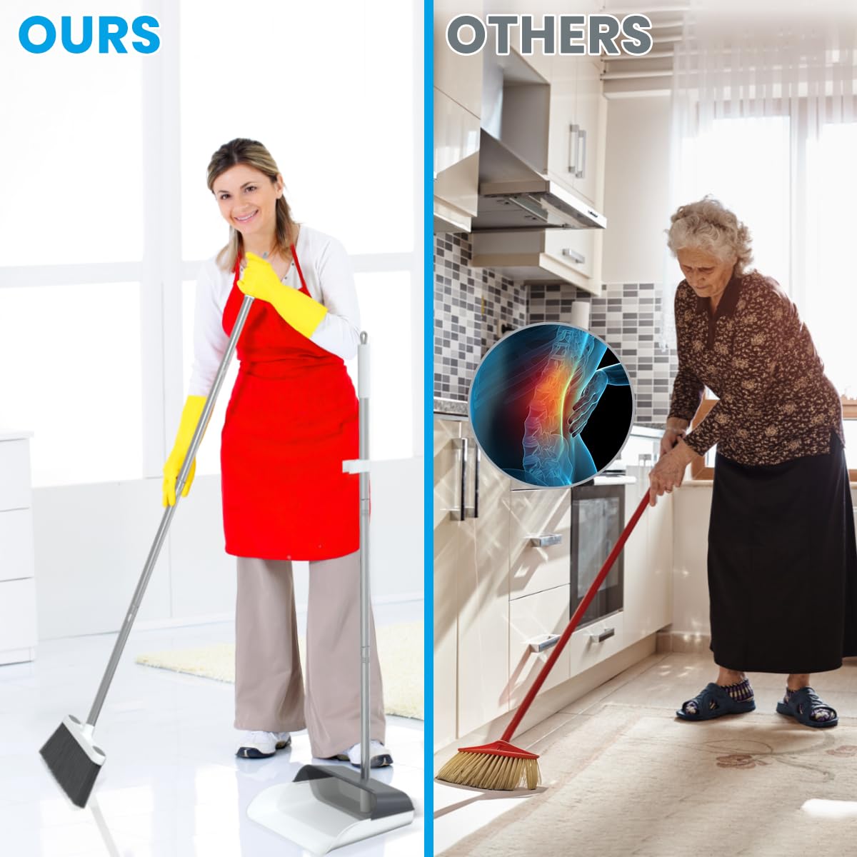 Stand Up Dustpan and Broom Set 50” Long Handle Broom with Dust Pan, 20° Angled for Ergonomic Home