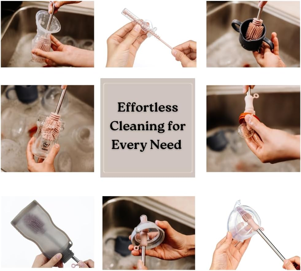 Haakaa Silicone Cleaning Brush Kit – Household Cleaning Brushes for Bottles and Crevices – Food-Grade Silicone: Dishwasher Safe (Brush-Blush)