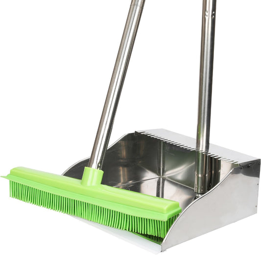 Rubber Broom and Dustpan Set,Pet Hair Removal Rubber Broom with Squeegee and Stainless Steel Dust Pan,Carpet Rake Push Broom and Dustpan for Fluff Hardwood Floor Tile (Green)