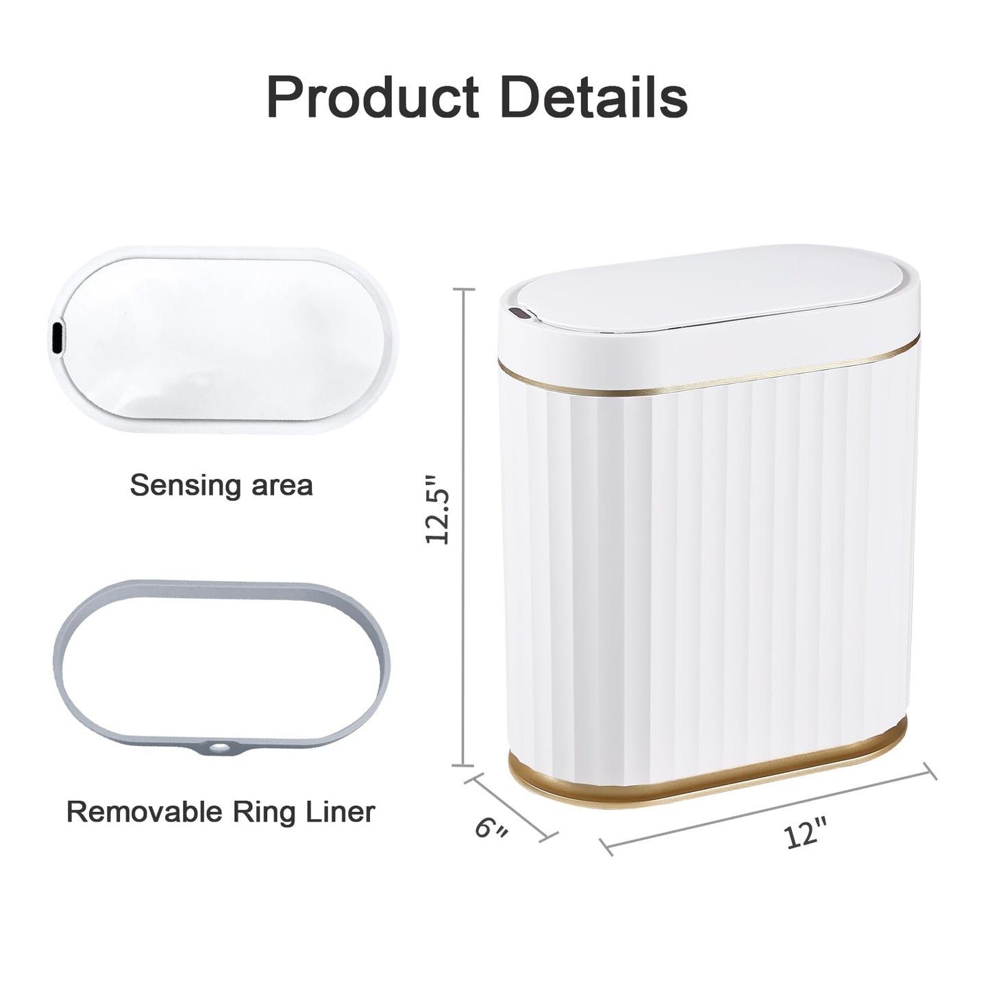 ELPHECO Bathroom Trash Can with Lid, 2 Gallon, Motion Sensor, White Gold