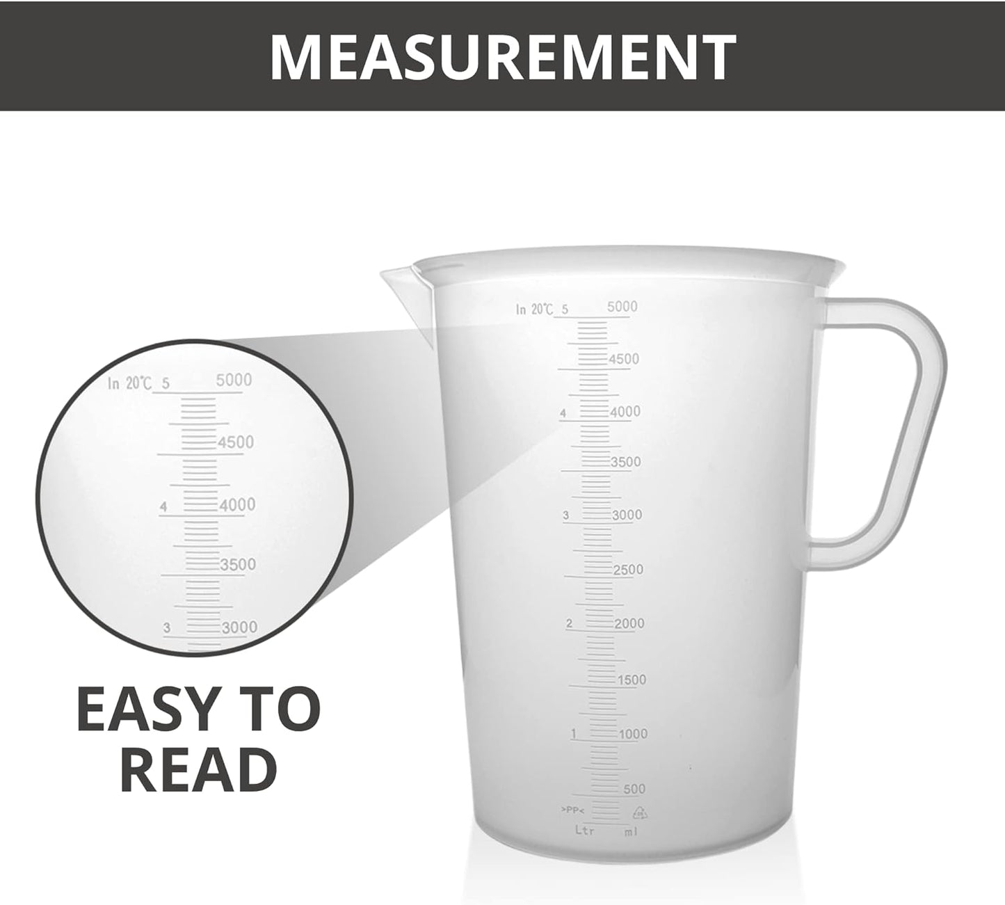 Plastic Graduated Measuring and Mixing Pitcher - 5000ml Plastic Graduated Measuring Pitcher - Soap Making Supplies for Easy Pouring & Accurate Measurements, With Handle & Pour Spout, 5 Liter