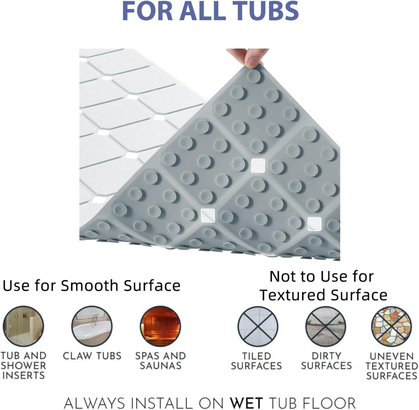 Bathtub Mat Non Slip Silicone Foldable Extra Long Tub Mat Strong Suction Cups & Large Drain Holes, Durable,Machine Washable for Smooth Surfaces Shower Mat, Ideal for Families Beige,15"x40" Grey