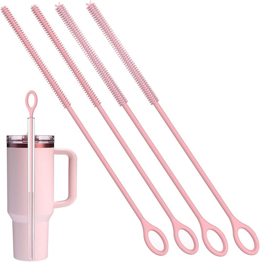 4PCS Silicone Straw Cleaner Brush, Reusable Straw Brush Extra Long for Cleaning Glass Metal Smoothie Straws and Cups, Non-Slip Handle Soft and Bendable, 2 PCS 6mm+2 PCS 9mm, Pink