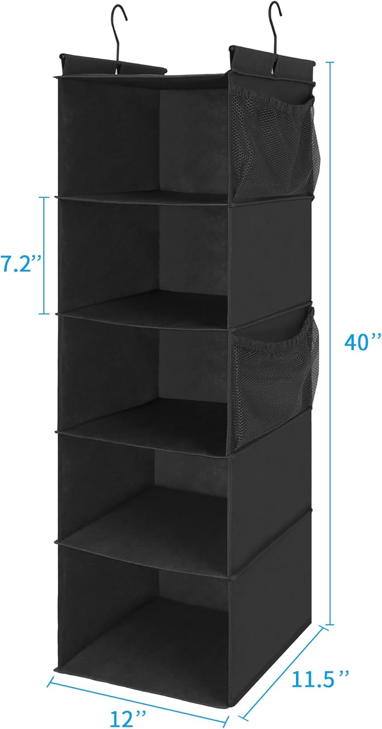 MAX Houser 5-Shelf Hanging Closet Organizer,Space Saver, Cloth Hanging Shelves with 4 Side Pockets,Foldable, Black