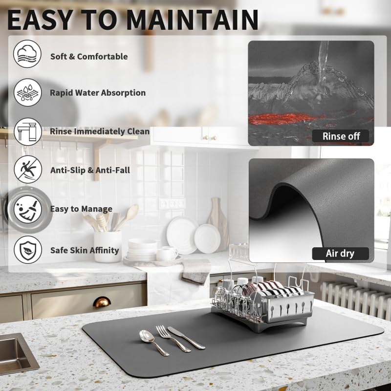 Dish Drying Mat for Kitchen Counter, Heat Resistant Drainer Mats with Non-slip Rubber Backed, Hide Stain Kitchen Super Absorbent Draining Mat, Easy to Clean Dish Rack Pad, Dark Grey 18"x32"