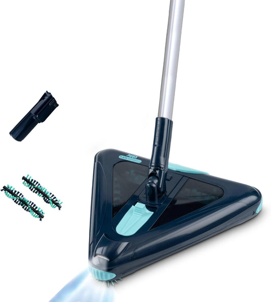 Zippi Sweeper Max Plus - 2025 Version Lightweight Sweeper, Triangular Design Allows for Sweeping in Corners, Perfect for Short Carpet Hardwood and Tile, LED Light, 1 Hr Cleaning Time