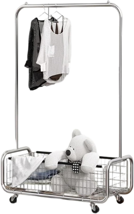 Garment Rack With Storage Baskets,Clothing Rack for Hanging Clothes, Multi-functional Bedroom Clothes Rack with Wheels for Bedroom, Living Room, Easy Assembly (40inch lenght)