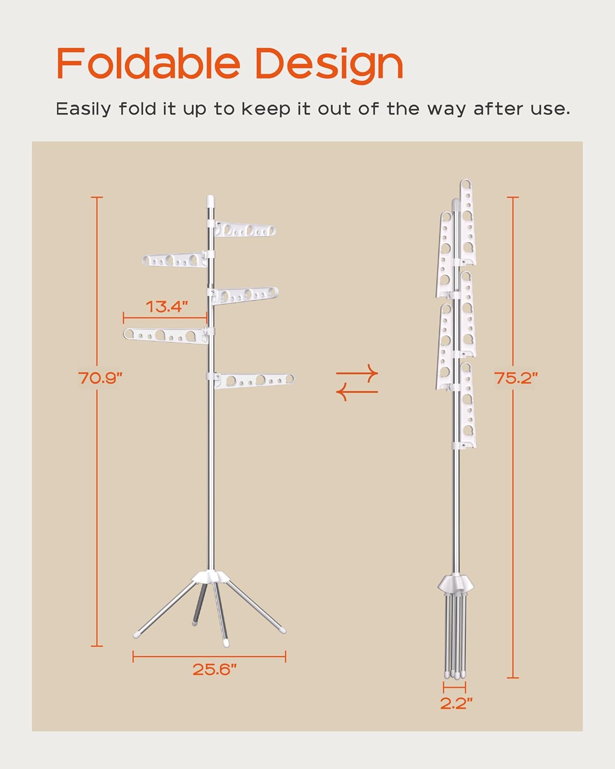Clothes Drying Rack Foldable, 70.9 inch Tripod Drying Rack for 35 Pieces of Clothes, with Height-Adjustable Rotatable Clothes Rails, Space Saving, Stainless Steel, White and Silver CDR005W01