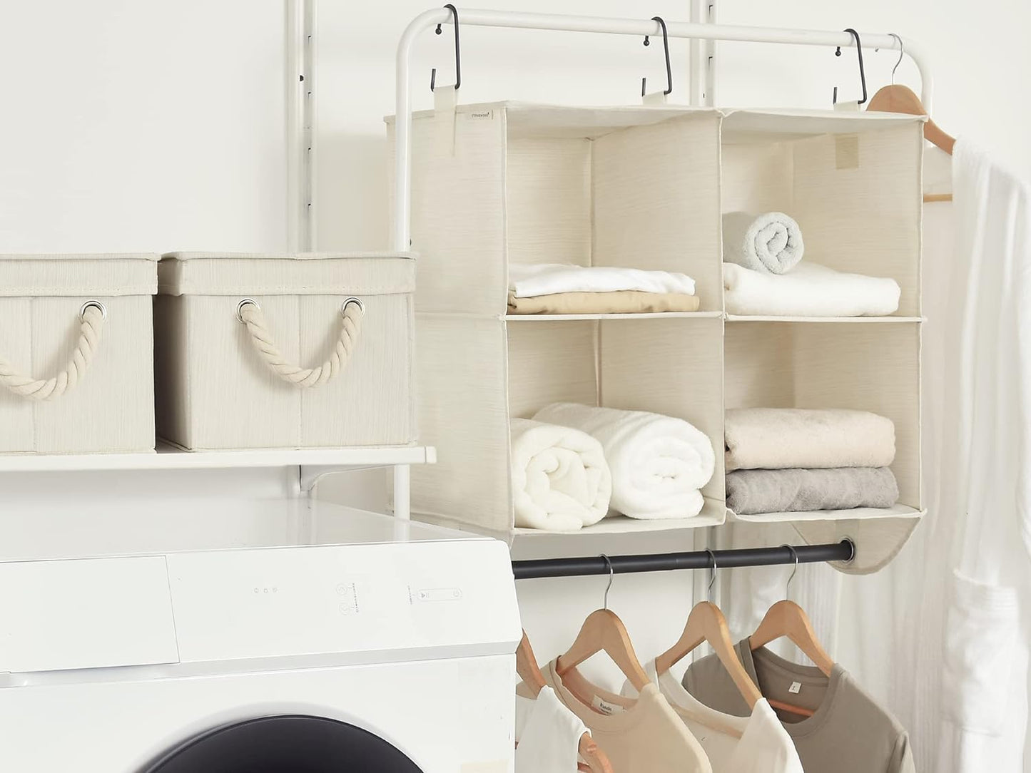 StorageWorks Hanging Closet Organizer with Metal Rod, 4-Section Closet Organizers and Storage, Collapsible Hanging Shelves for Baby Clothes, Shoes, Sweater Storage, Ivory and White