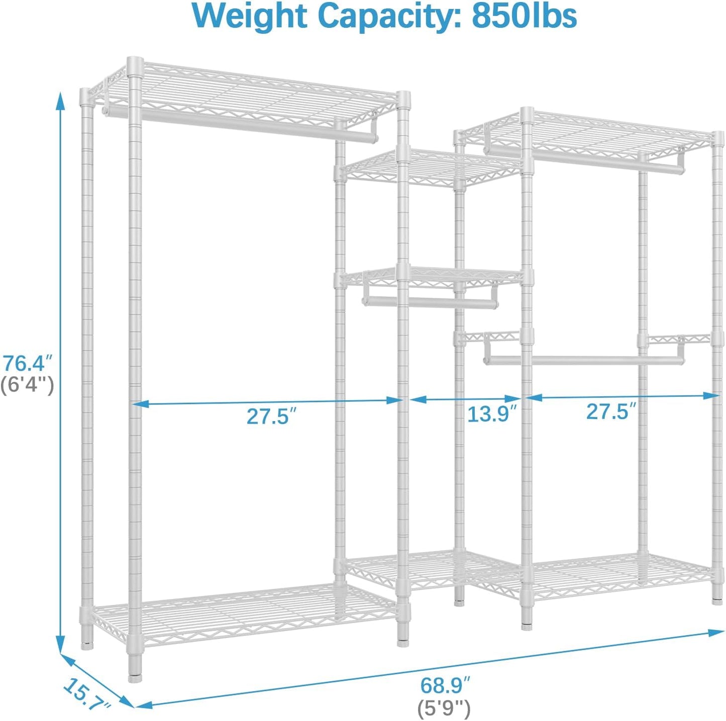 VIPEK Classic V6 Wire Garment Rack 5 Tiers Heavy Duty Clothes Rack for Hanging Clothes, Wardrobe Racks Compact Large Metal Clothing Racks Freestanding Closet Storage Racks, Max Load 850LBS, White