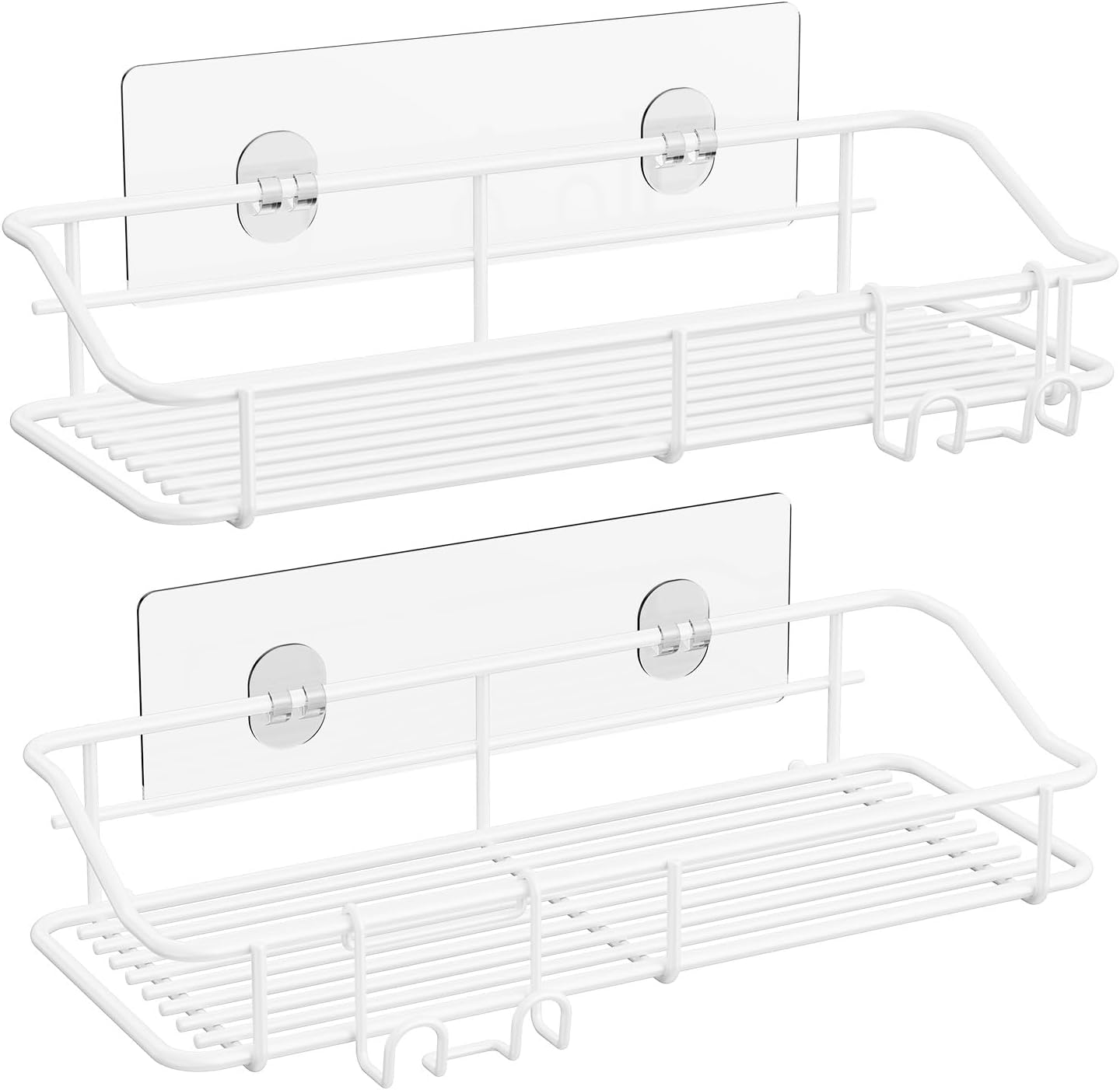 Nieifi Shower Caddy Shelf with Hooks Storage Rack Organizer Adhesive Stainless Steel Without Drilling for Bathroom, Lavatory, Washroom, Restroom, Shower, Toilet, Kitchen - 2 Pack (White)