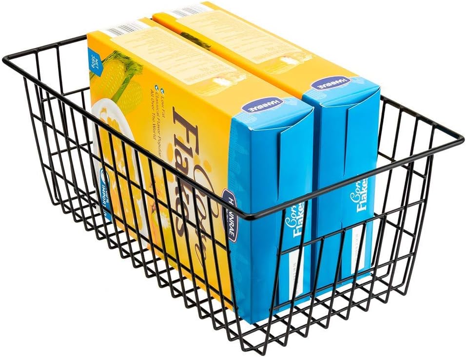 SANNO Freezer Baskets Wire Storage Baskets Closet Baskets Bin Farmhouse Organizer Storage Bins Large Organizer Bins for Home, Office, Bathroom, Pantry Organization Storage -Black Set of 2, 15.7"