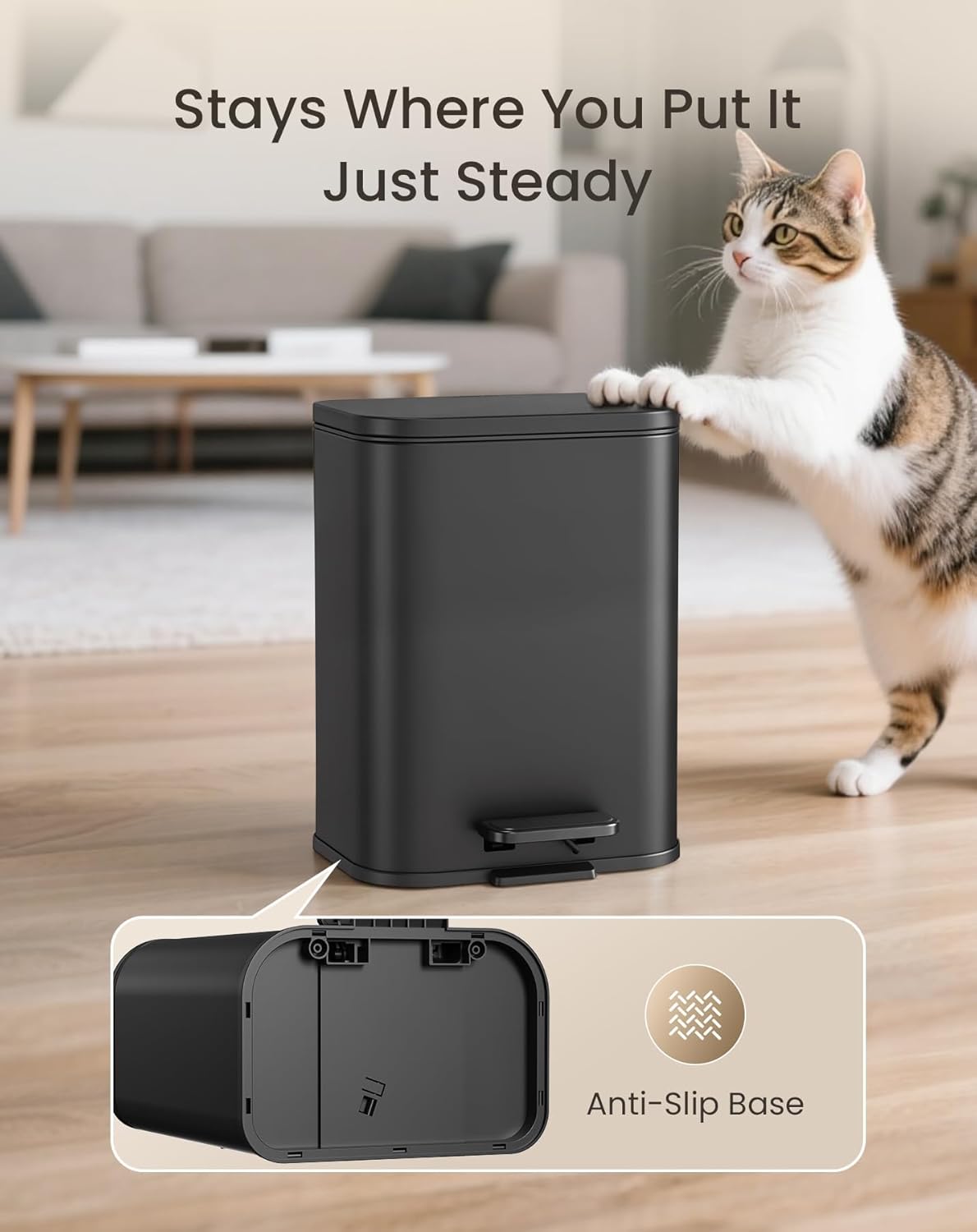 Cesun Small Bathroom Trash Can with Lid-1.3 Gal, Outdoor Stainless Steel Garbage Can for Dog Poop with Anti-Slip Base, for Bathroom, Bedroom, Office, RV, Living Room, Black