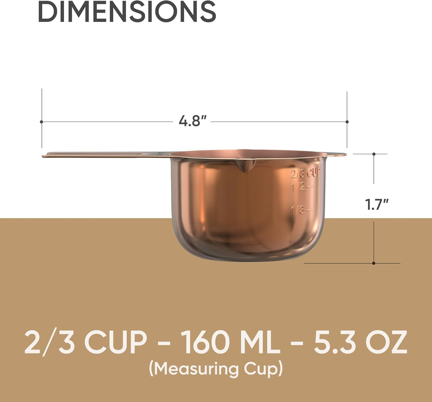 Color Up ⅔ Cup Measuring Cup (160 ml) – Premium Copper Stainless Steel, Accurate for Wet & Dry Ingredients, Embossed Markings, Easy-Pour Spouts, Dishwasher-Safe, Kitchen Essential