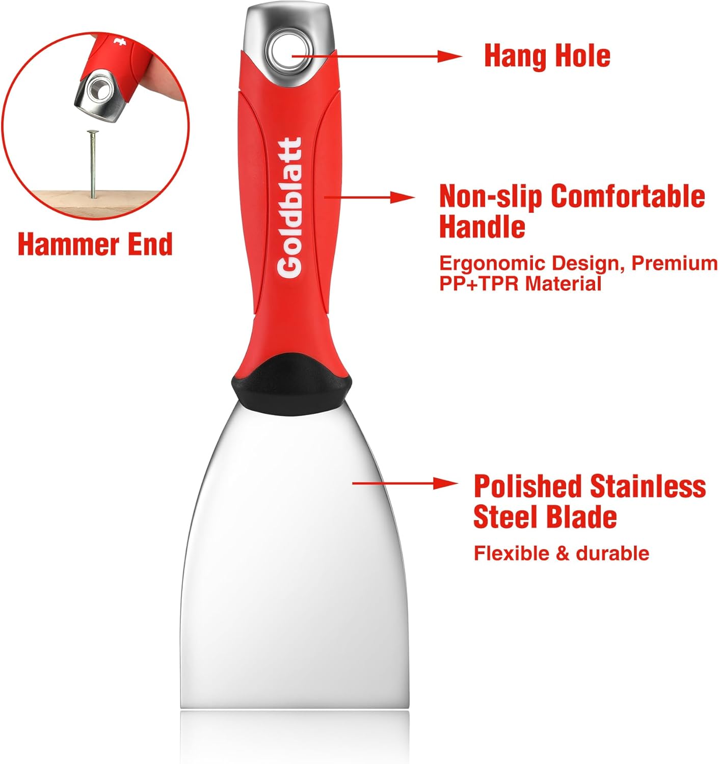 Goldblatt 3" Putty Knife, Stainless Steel Scraping Paint, Putty Knife Scraper with Hammer End, Soft Grip, Perfect for Drywall Repairing and Finishing