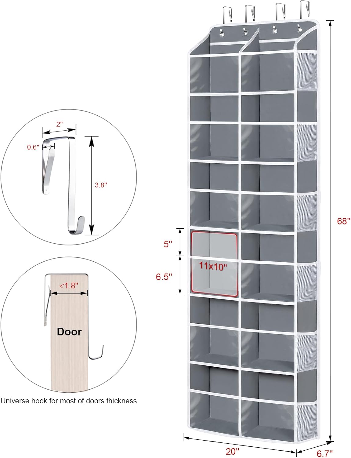 Univivi Over the Door Organizer 6 Tiers, Extra Large Door Hanging Organizer with Clear Deep Pockets Over the Door Storage for Closet, Bedroom, Nursery, Bathroom and Pantry (Grey)