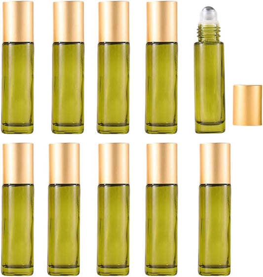 10 Pack Glass Roller Bottles for Essential Oils,10ml Green Roll on Bottles with Stainless Steel Roller Balls,Refillable Aromatherapy Massage Roller Bottle Perfume Bottle for Travel