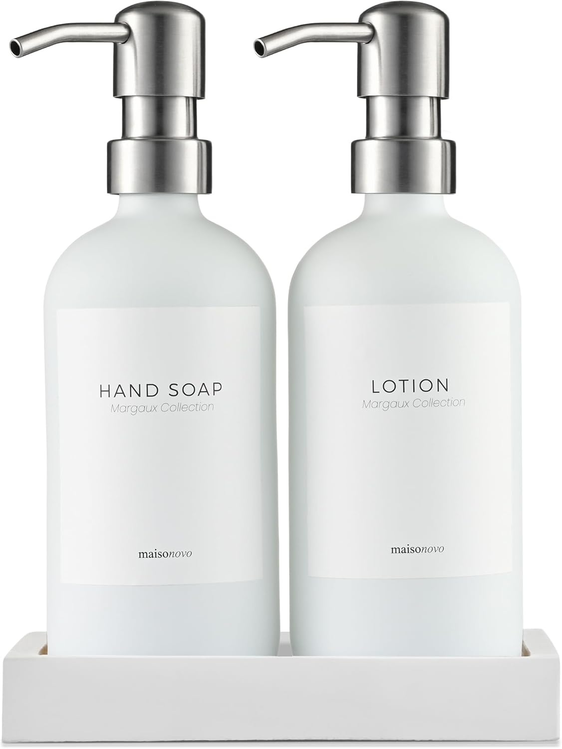 MaisoNovo Soap Dispenser 3-Piece Set | 16.9oz White Bottles with Silver Stainless Steel Pumps