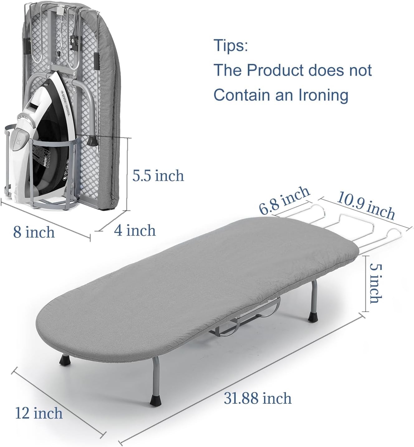 Small Ironing Board with Iron Holder, RAINHOL Countertop Mini Ironing Board Tabletop with Non-Slip Feet, Travel Foldable Iron Table for Small Space, Grey