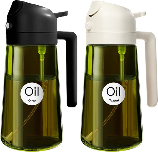 YARRAMATE 16oz/470ml 2PCS Light Blockage Dark Oil Sprayer for Cooking, 2 in 1 Olive Oil Dispenser Bottle for Kitchen, Green Glass Oil Bottle, Food-Grade Oil Mister for Air Fryer, BBQ (Black & White)